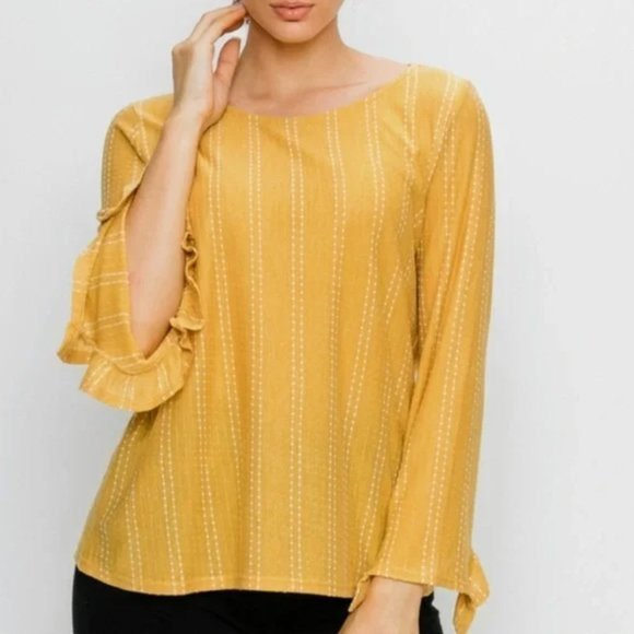 Anthropologie Tops - Anthropologie M W5 Concepts Mustard White Polka Dot Ruffle Bell Sleeve Knit Top